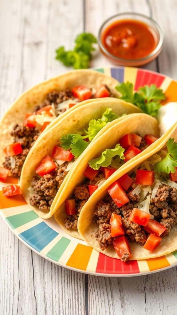 A plate of ground beef tacos topped with lettuce, tomatoes, and cheese, served with salsa and sour cream.